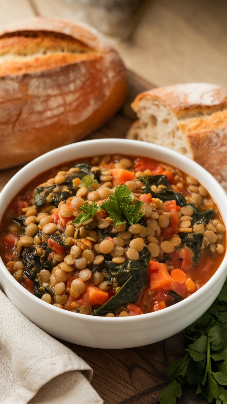 A hearty bowl of vegetarian lentil stew with spinach, carrots, and tomatoes, garnished with parsley, on a rustic wooden table.