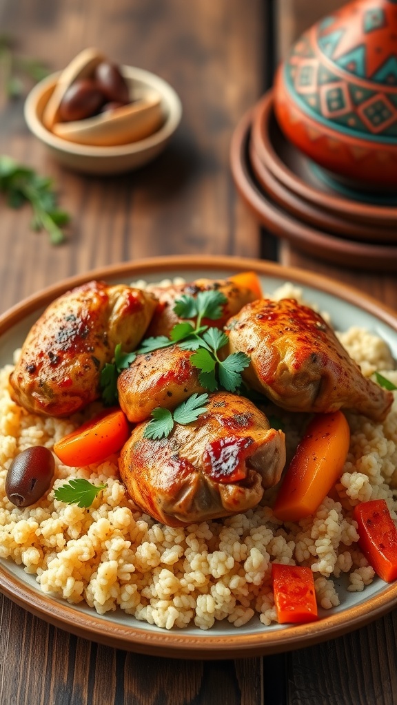 Moroccan spiced chicken with couscous and colorful vegetables, garnished with cilantro, on a wooden table.