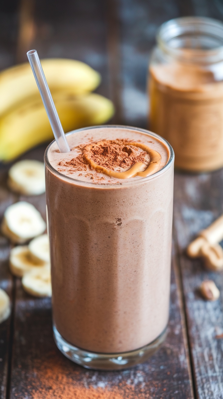 Peanut butter chocolate smoothie in a glass topped with cocoa powder and peanut butter, surrounded by bananas and peanut butter jar.