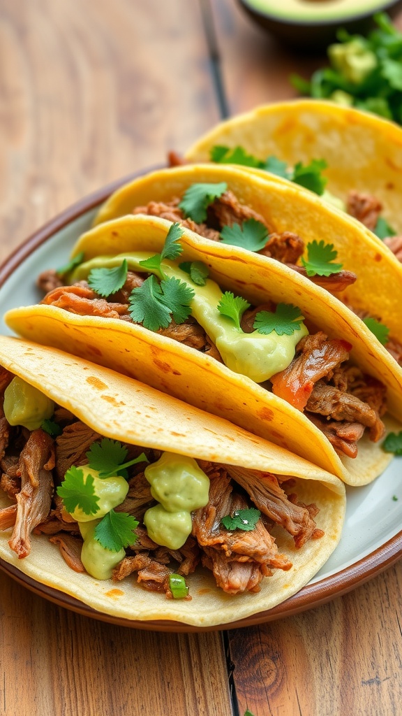 Pulled pork tacos on a plate with avocado cream and cilantro on a rustic table.