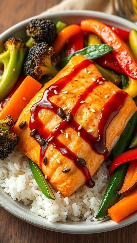 High protein Teriyaki Salmon with assorted vegetables in a bowl, garnished with sesame seeds and served over rice.