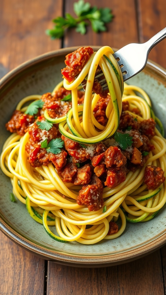 Zucchini noodles with meat sauce garnished with parsley and cheese in a rustic bowl.