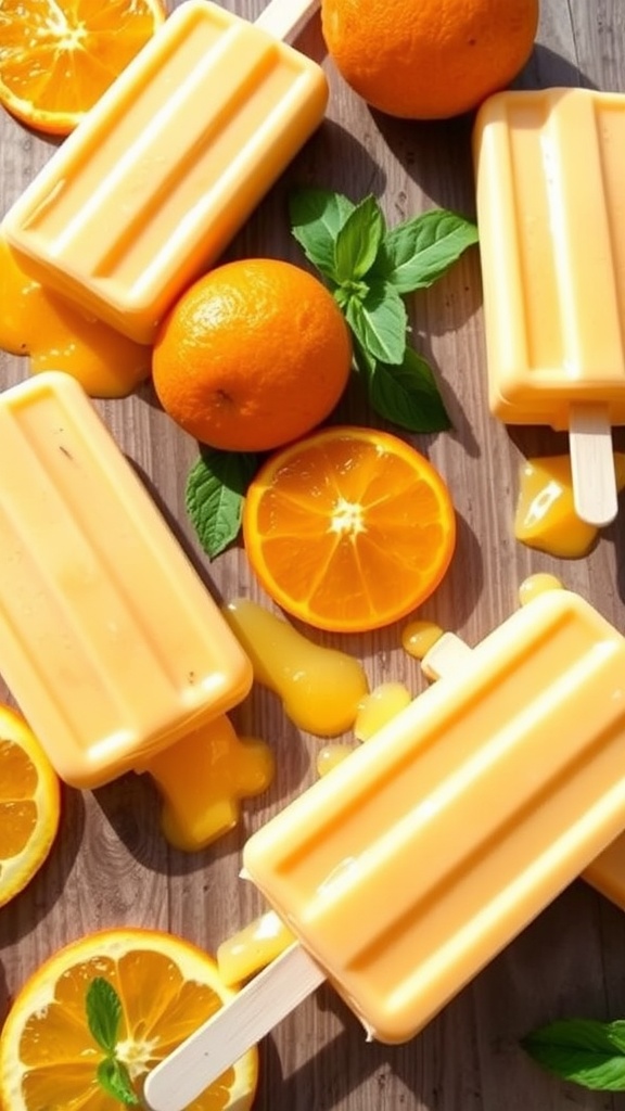 Bright orange creamsicle popsicles on a wooden table with fresh oranges and mint.