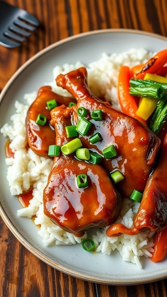 Ginger garlic pork chops garnished with green onions, served with rice and vegetables.