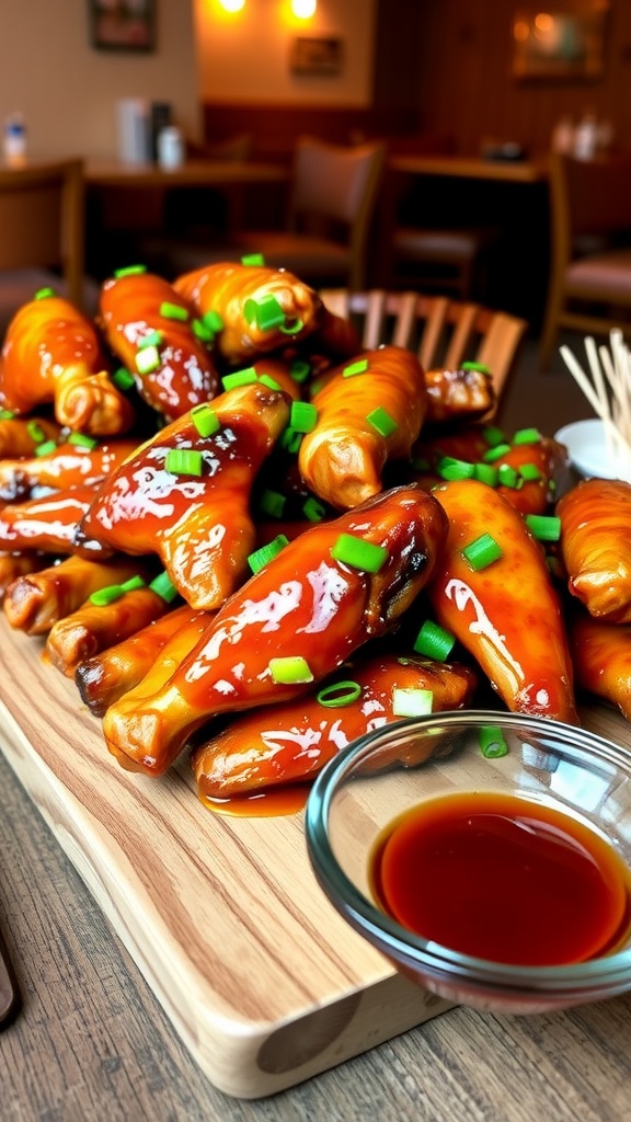 A plate of honey soy chicken wings garnished with green onions, with extra sauce on the side, perfect for sharing.