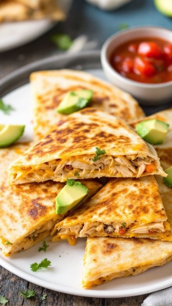 Crispy quesadillas filled with rotisserie chicken, cheese, and avocado served with salsa and sour cream.