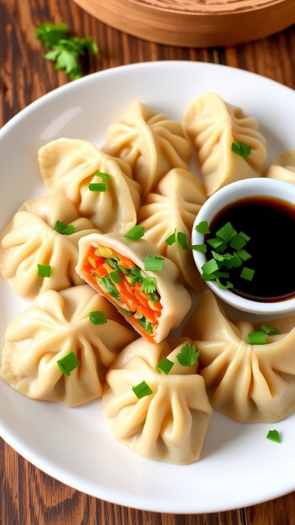 Steamed veggie dumplings on a plate, garnished with cilantro, served with soy sauce.