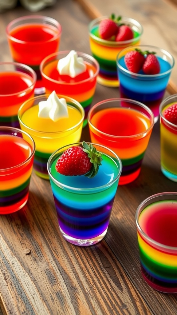 Colorful rainbow jello cups stacked on a wooden table, showcasing vibrant layers with whipped cream and fresh fruit garnishes.