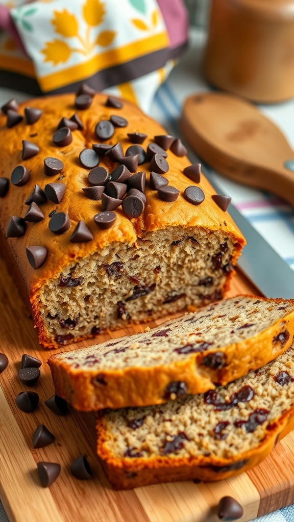 Freshly baked chocolate chip banana bread with melting chocolate chips on a wooden board.