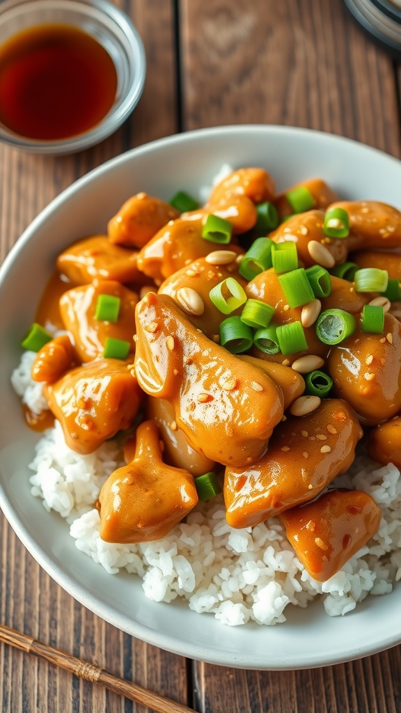 Peanut butter chicken served over rice, garnished with green onions and peanuts on a wooden table.