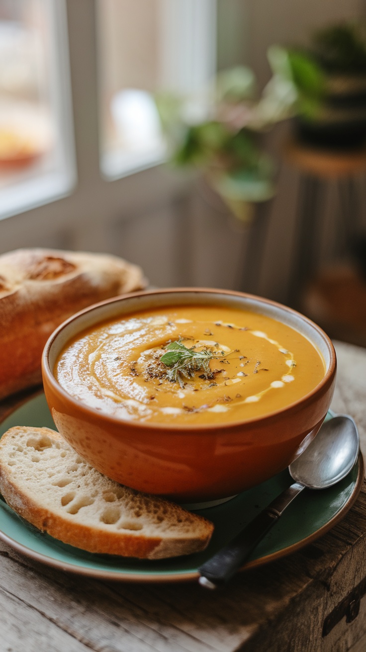 A bowl of creamy butternut squash soup garnished with herbs and olive oil, served with crusty bread.