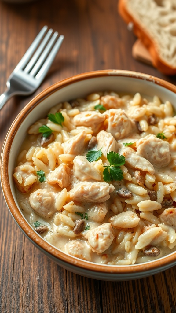 A bowl of creamy chicken and wild rice garnished with parsley, served with bread on a rustic wooden table.