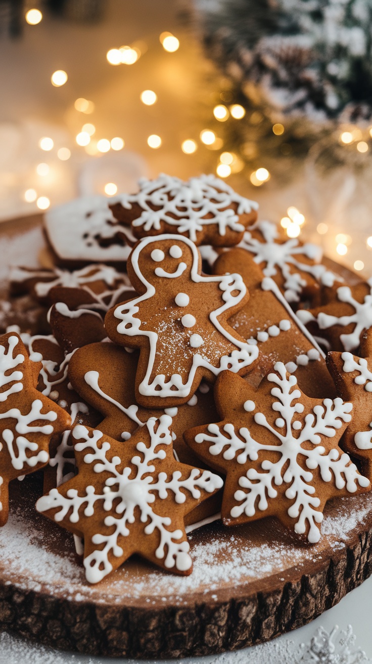 Decorated gingerbread cookies in various shapes on a wooden platter with festive decorations.