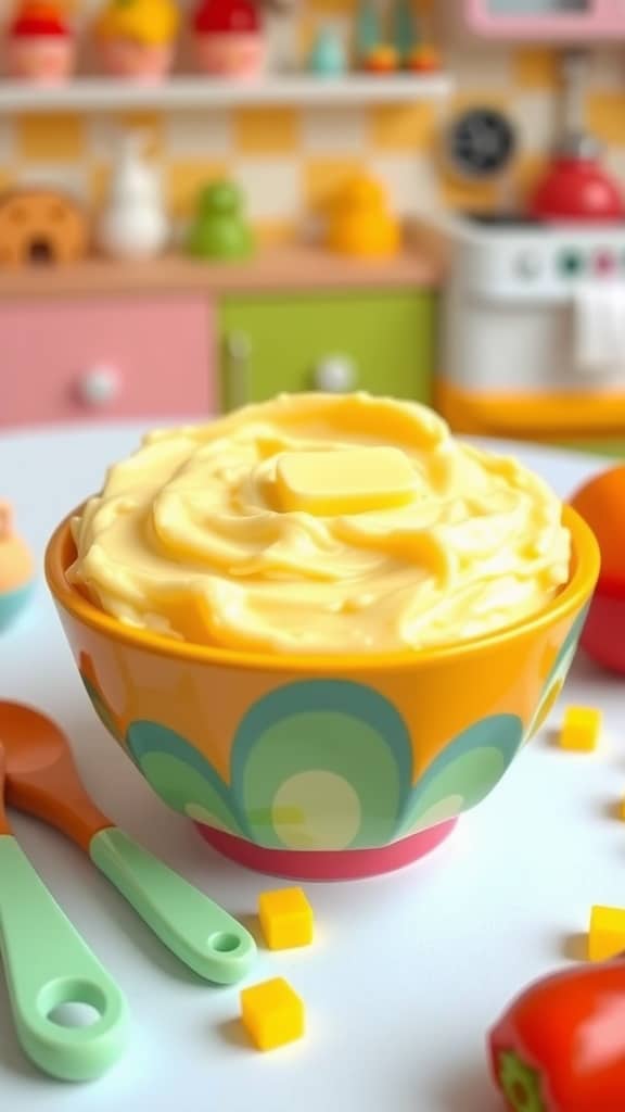 Creamy sweet corn and potato mash in a bowl, surrounded by baby-friendly utensils.