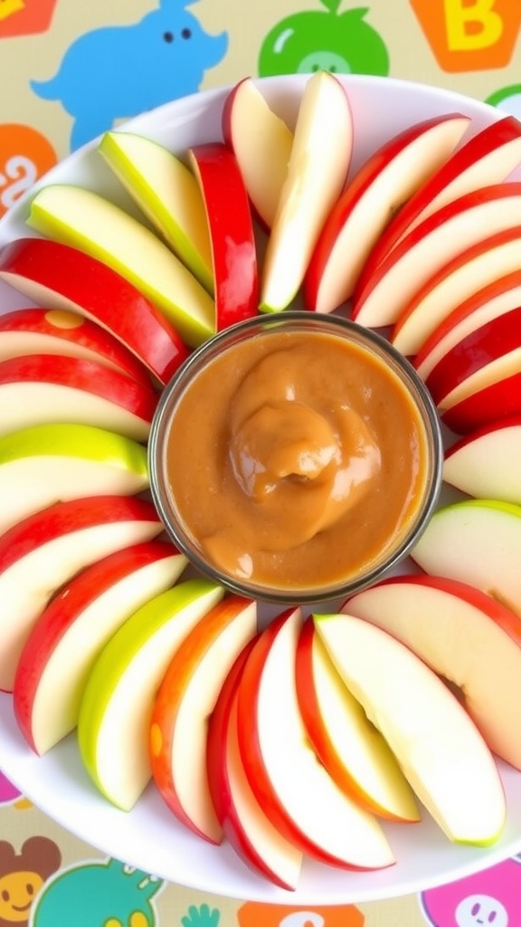 Sliced apples with a bowl of caramel dip for toddlers, creating an appealing snack display.