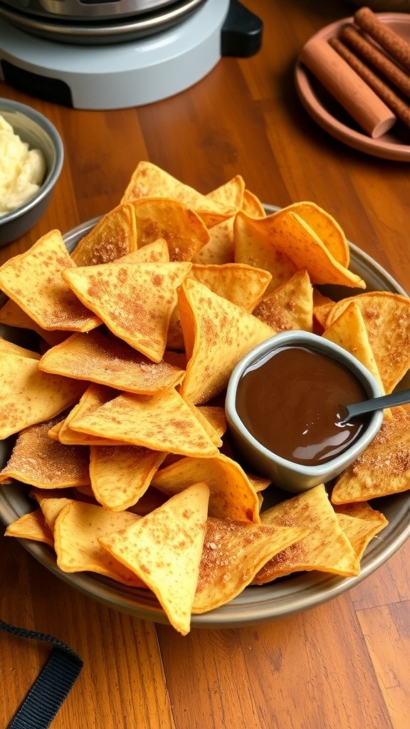 Crispy cinnamon sugar tortilla chips in a bowl with chocolate sauce on the side.