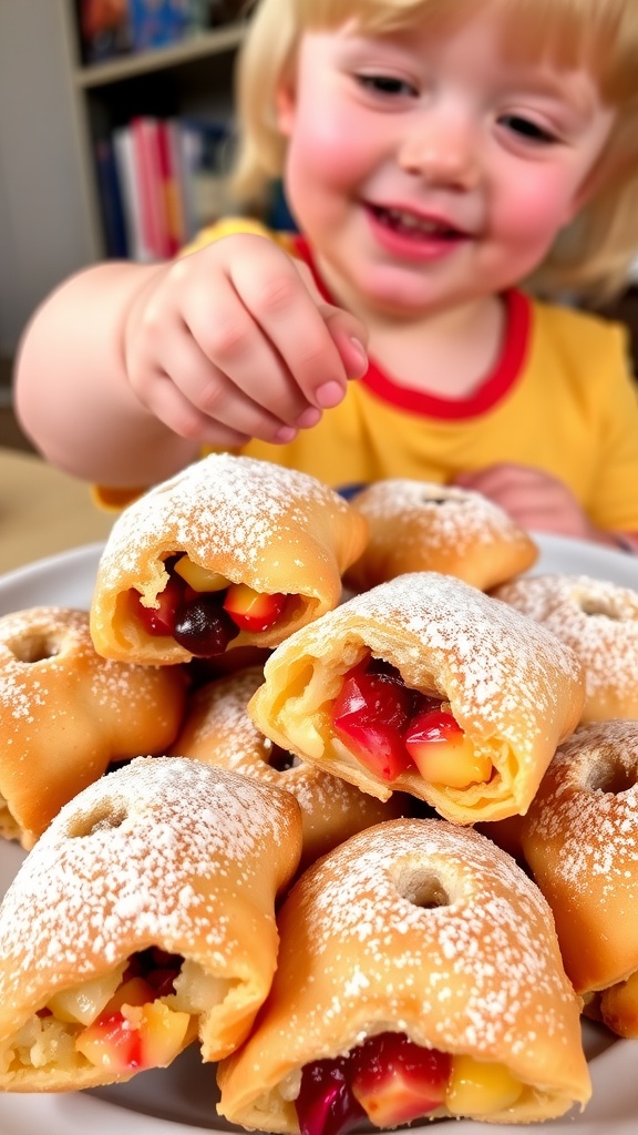 Golden fruit-filled puff pastries on a plate, dusted with powdered sugar, with a toddler reaching for one.