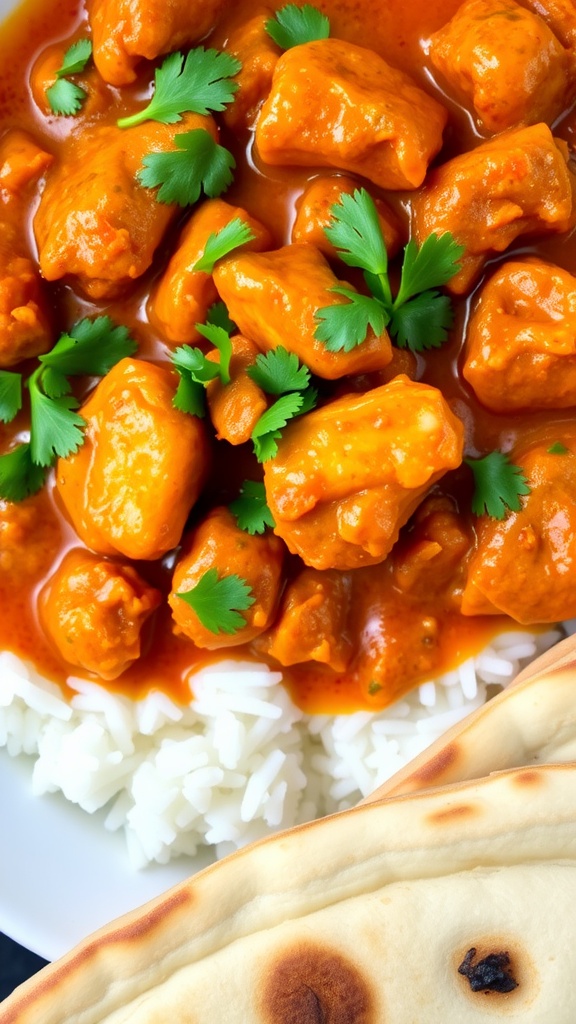 A bowl of Chicken Tikka Masala with chicken pieces in a creamy sauce, served with rice and naan, garnished with cilantro.