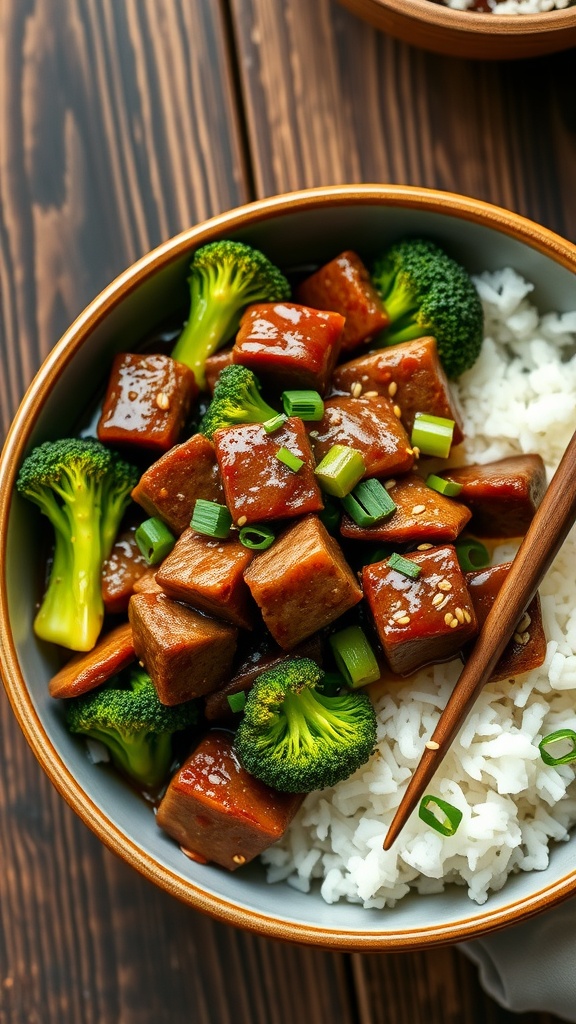 A bowl of beef and broccoli stir-fry on rice, garnished with sesame seeds and green onions.