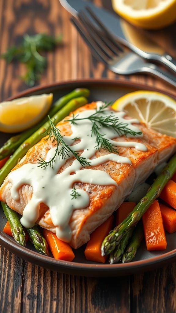 Plated salmon with dill sauce and vegetables, garnished with lemon wedges and dill.