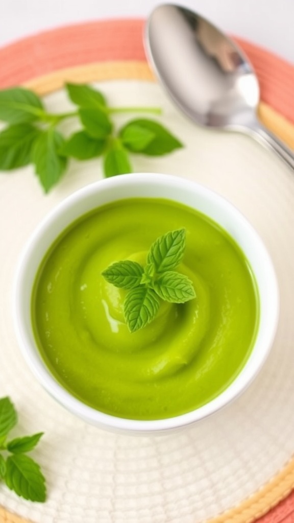 A bowl of green pea and mint puree for babies, garnished with mint leaves, on a colorful placemat.