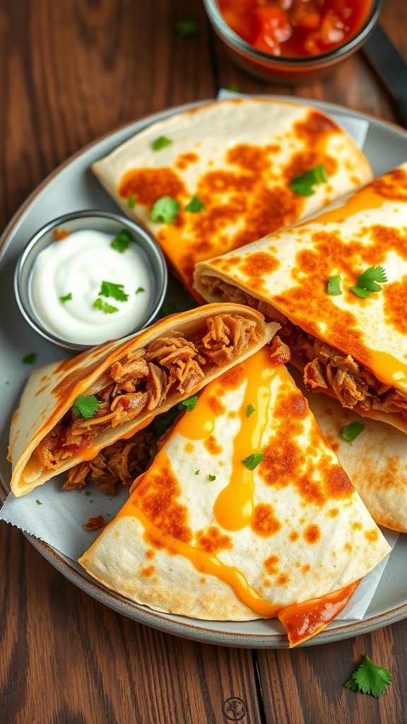 Pulled pork quesadillas with melted cheese, garnished with cilantro, served with sour cream and salsa on a wooden table.