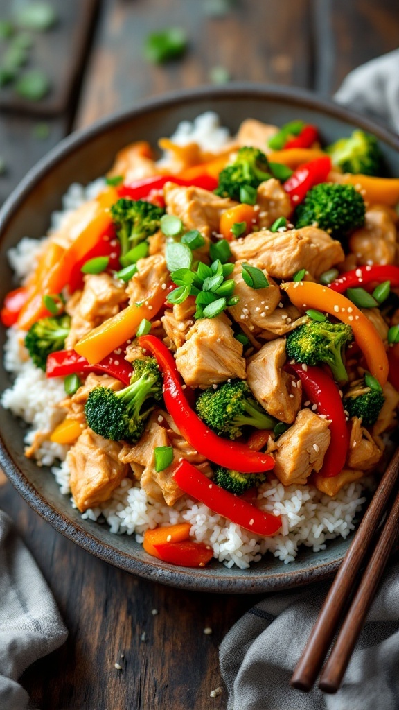 A vibrant stir-fry dish featuring rotisserie chicken and assorted vegetables on a rustic wooden table.