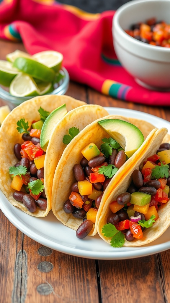 Soft veggie and bean tacos loaded with beans and fresh vegetables, topped with avocado and salsa.