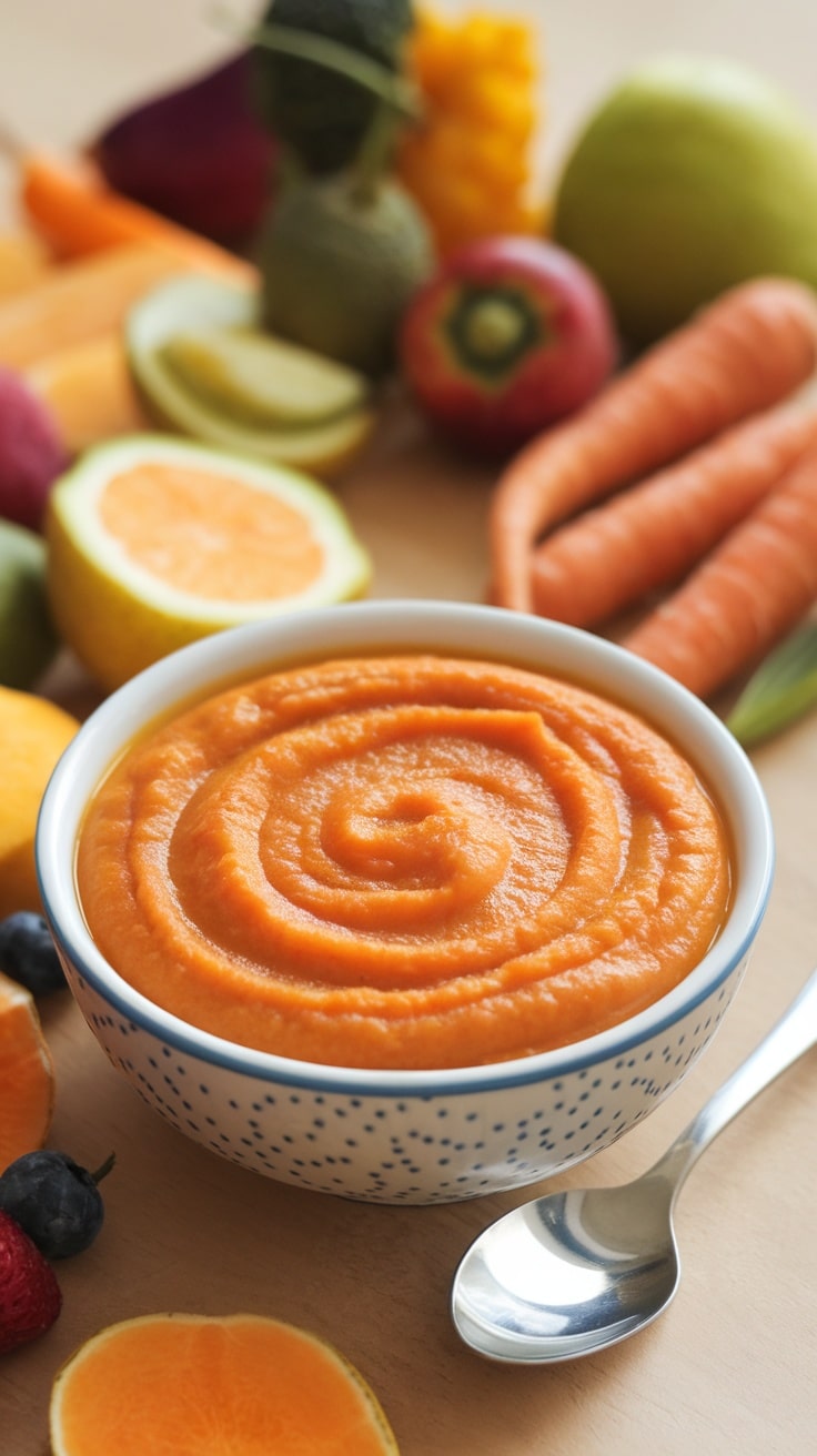 A bowl of smooth orange baby puree with a spoon, surrounded by fresh fruits and vegetables.