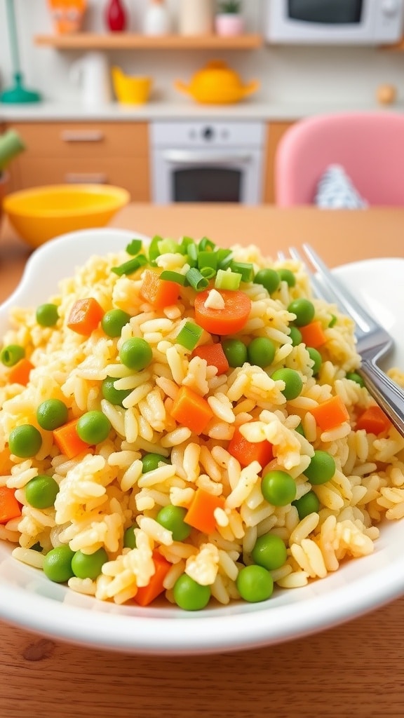 A vibrant toddler-friendly vegetable fried rice with peas, carrots, and scrambled eggs in a playful bowl.