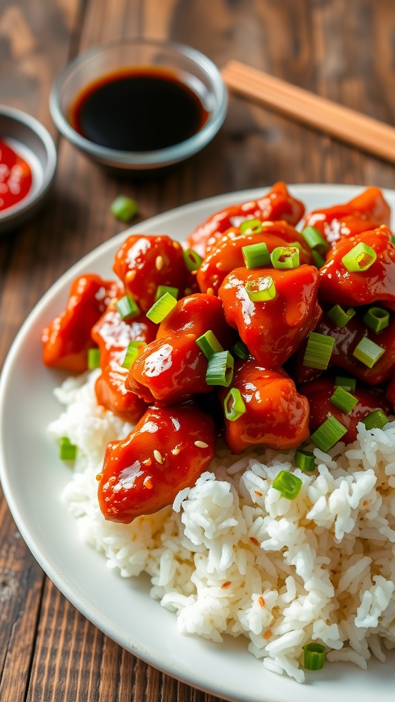 Firecracker Chicken on rice, garnished with green onions and sesame seeds, with sriracha sauce on the side.