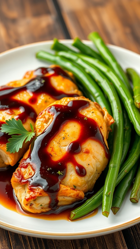 Balsamic chicken with green beans on a plate, garnished with parsley.