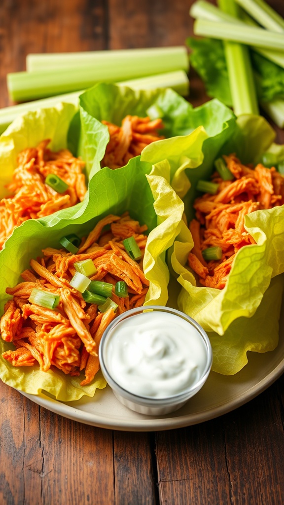 Buffalo chicken lettuce wraps with spicy shredded chicken in lettuce leaves, garnished with green onions, on a rustic table.