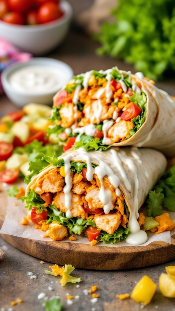 A spicy buffalo chicken wrap filled with shredded chicken, lettuce, and tomatoes, served with ranch dressing on a wooden board.