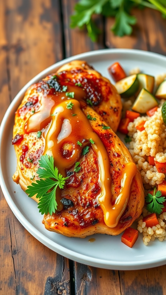 Juicy maple mustard glazed chicken on a plate with vegetables and quinoa, garnished with parsley.