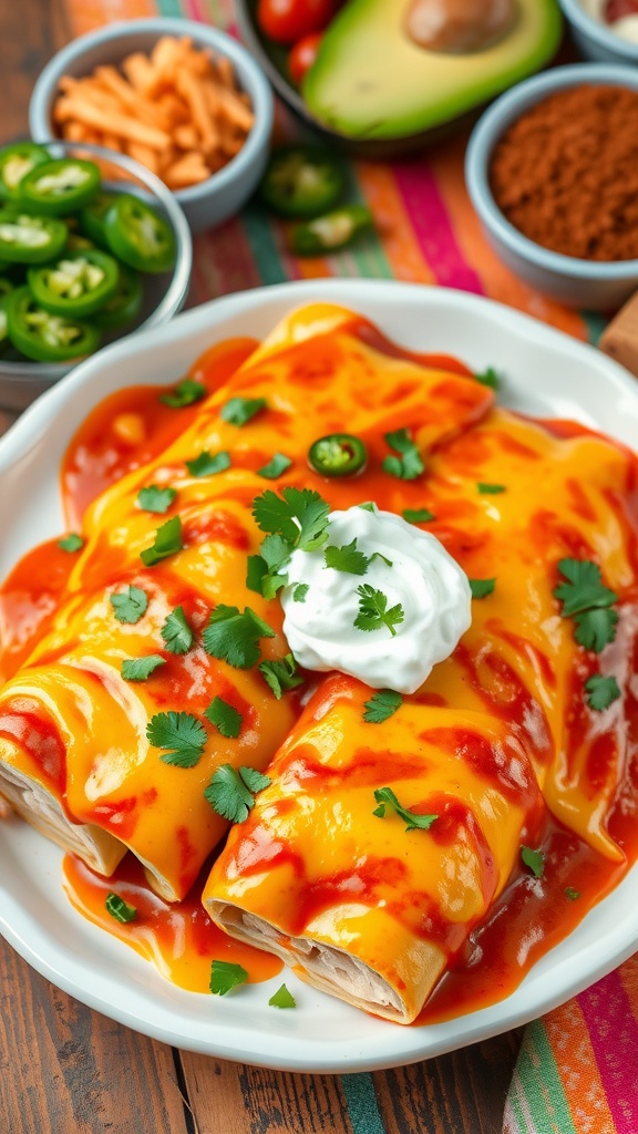 Cheesy rotisserie chicken enchiladas topped with enchilada sauce and cheese, garnished with cilantro and sour cream on a rustic table.