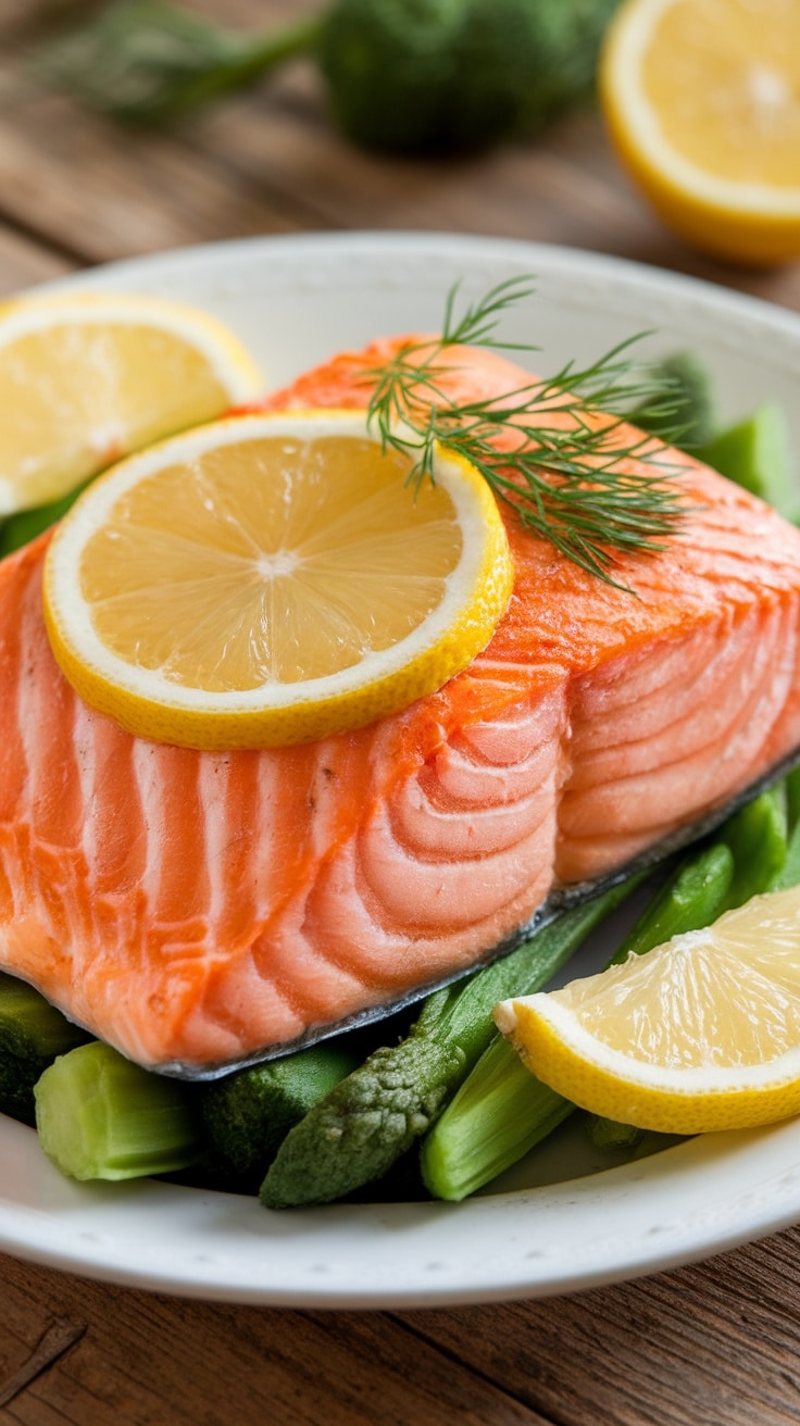 A plated slow cooker salmon fillet with lemon and dill, served with green vegetables on a rustic table.