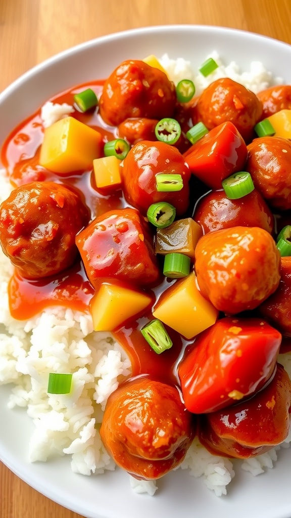 Sweet and sour meatballs served over rice with pineapple and bell pepper, garnished with green onions.