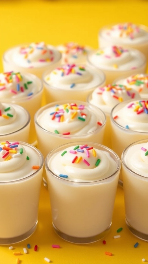 Vanilla pudding cups topped with colorful sprinkles on a bright table.