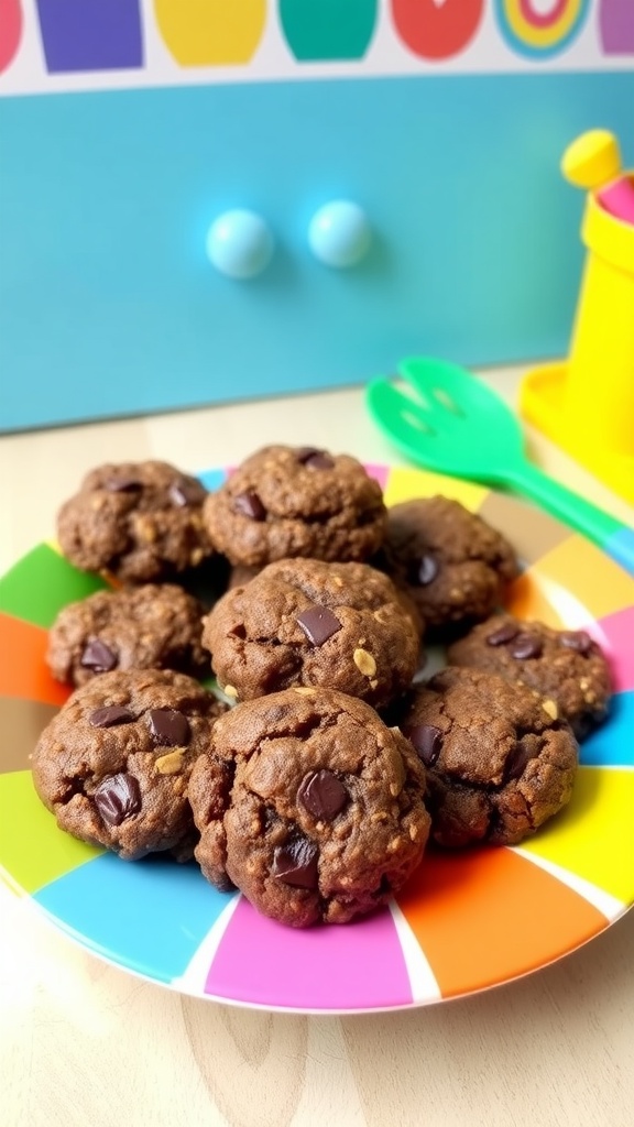 A plate of no-bake chocolate oatmeal cookies on a colorful plate in a cheerful kitchen setting.