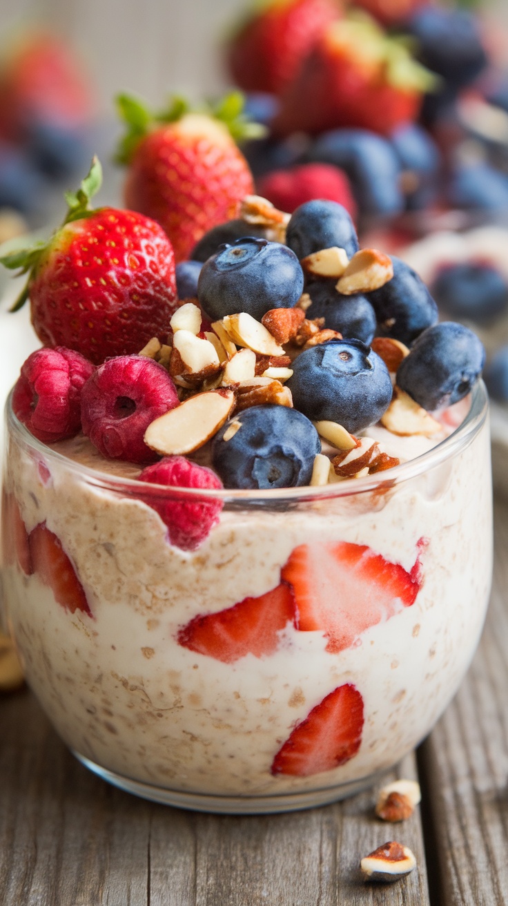 Nutty berry overnight oats topped with fresh strawberries, blueberries, and almonds in a rustic setting.