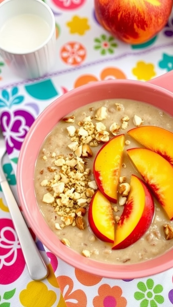 A bowl of peach quinoa porridge with fresh peach slices and nuts on a bright table.