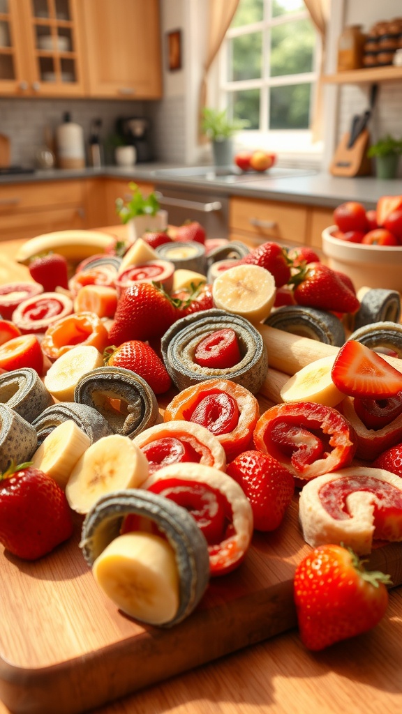 Homemade strawberry banana fruit roll-ups rolled and arranged on a cutting board with fresh fruit.