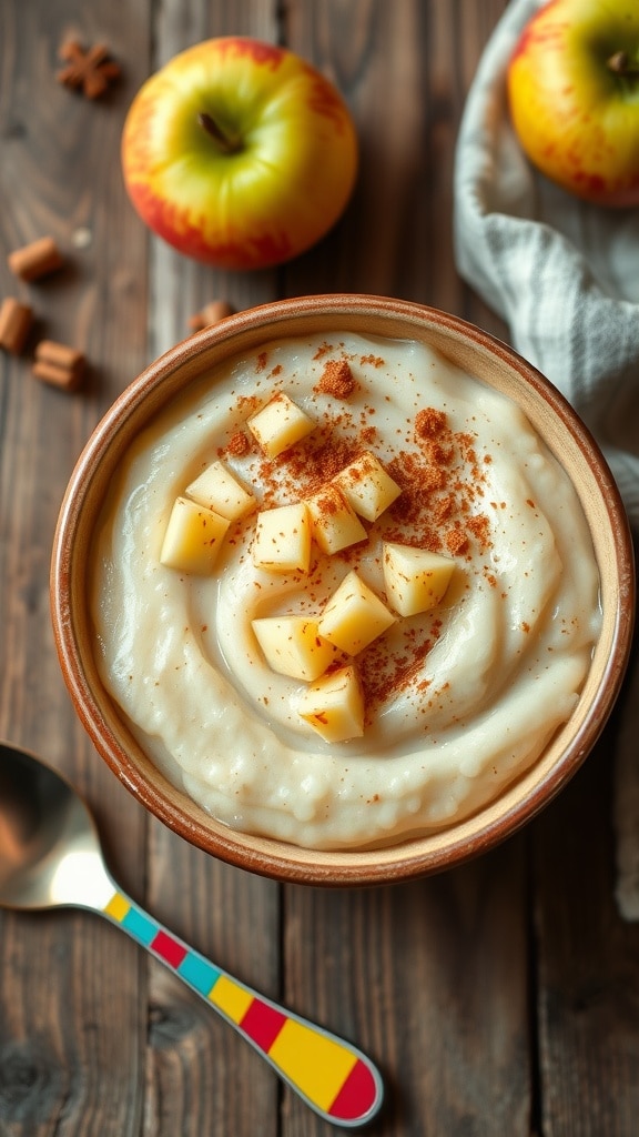 Creamy apple and cinnamon rice pudding in a bowl, topped with apple slices, on a wooden table with a child