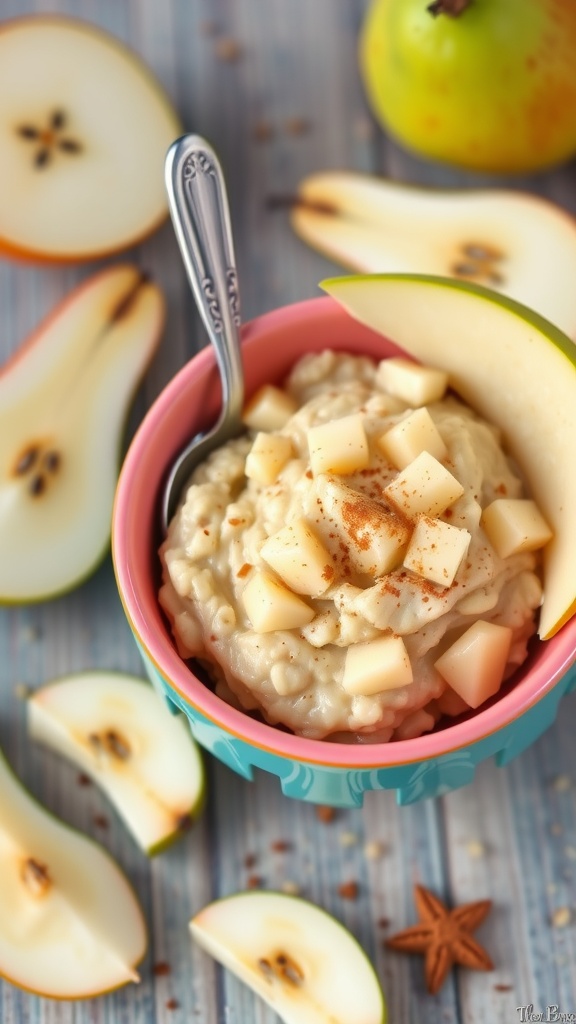 A bowl of creamy oatmeal and pear mash for toddlers, with pear slices and cinnamon in a bright, playful setting.