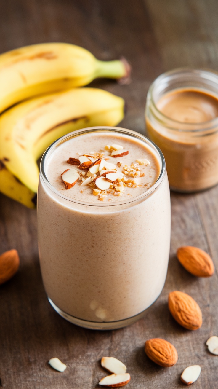 A glass of banana almond smoothie with sliced almonds on top, fresh bananas, and almond butter on a wooden table.