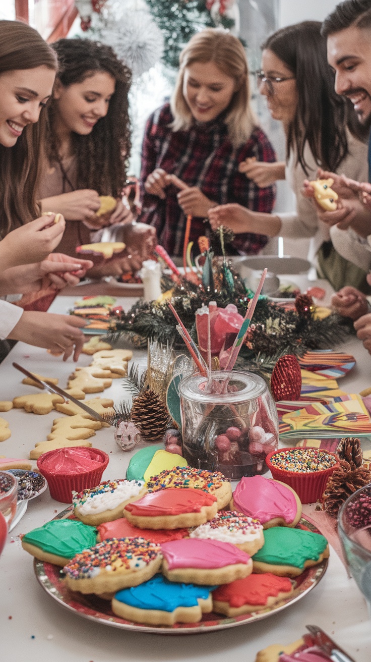 A sugar cookie decorating station with cookies, colorful icing, and various decorations, creating a fun and festive atmosphere.