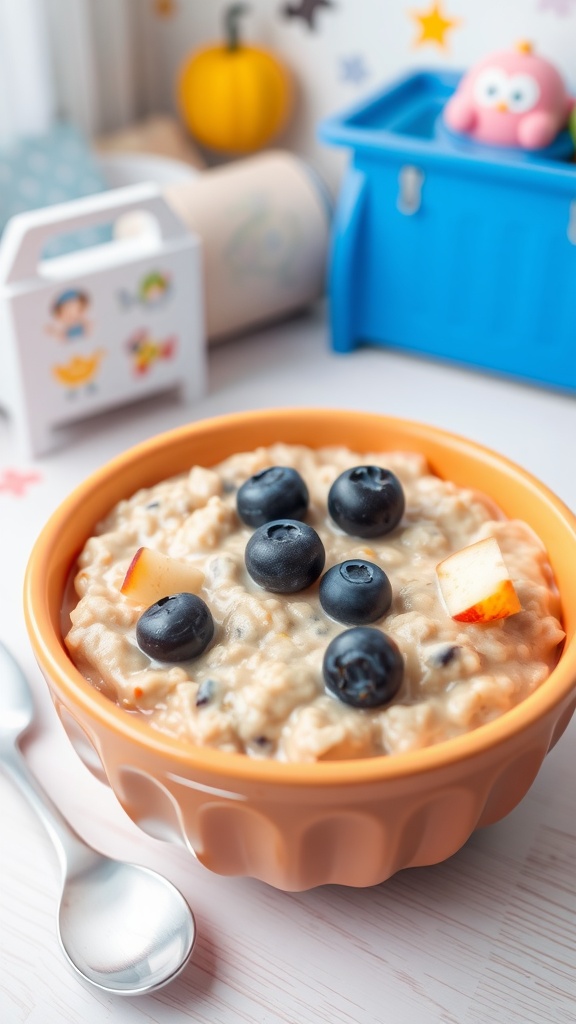 A bowl of apple and blueberry oatmeal for babies, garnished with blueberries and apple pieces, set against a cheerful nursery backdrop.