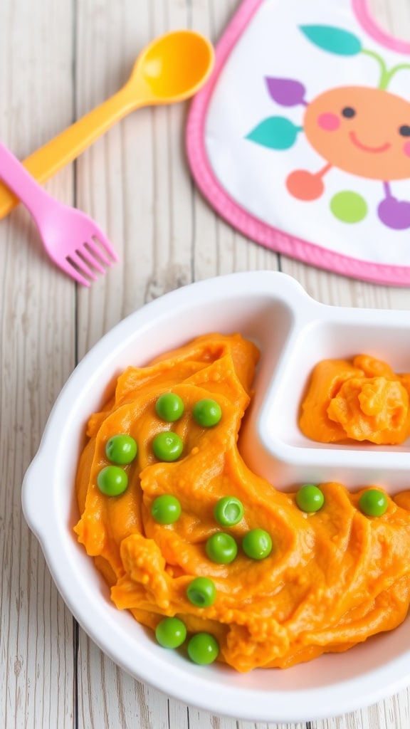 A cheerful plate of carrot and sweet pea mash, perfect for toddlers, with colorful utensils in the background.