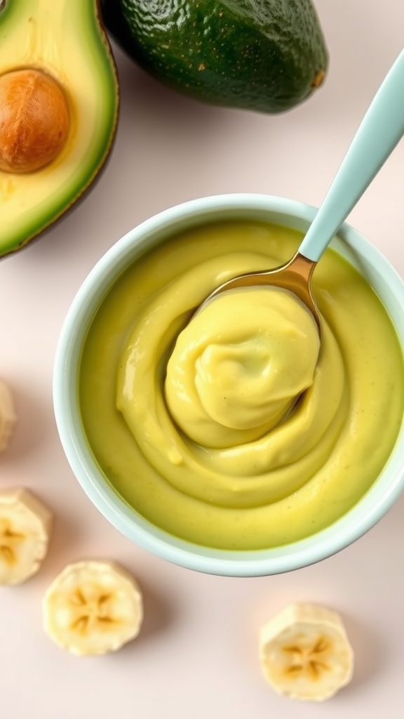 A bowl of creamy avocado and banana puree for babies, with avocado and banana slices beside it, on a soft background.